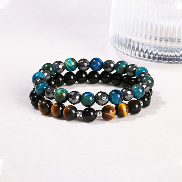 Buddha Stones 2-teiliges Armband-Set mit Hämatit-Tigerauge und blauem Tigerauge