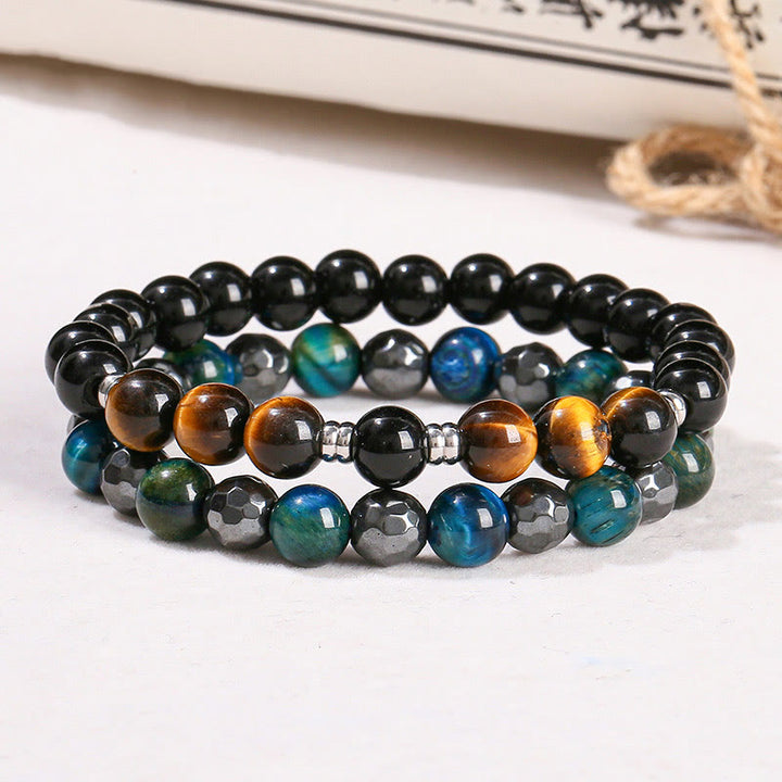 Buddha Stones 2-teiliges Armband-Set mit Hämatit-Tigerauge und blauem Tigerauge