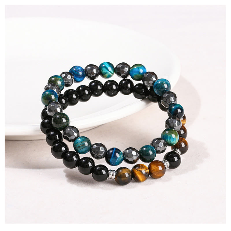 Buddha Stones 2-teiliges Armband-Set mit Hämatit-Tigerauge und blauem Tigerauge