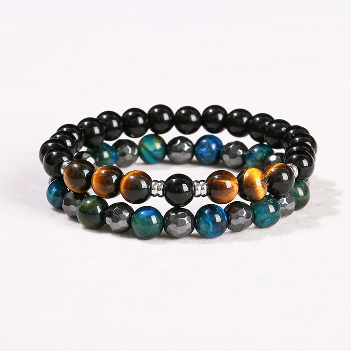 Buddha Stones 2-teiliges Armband-Set mit Hämatit-Tigerauge und blauem Tigerauge