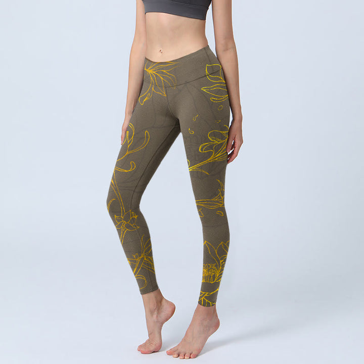 Buddha Stones Gelblich-braune Lotusblüte Lotusblatt-Druck Gym Leggings Damen Yogahose