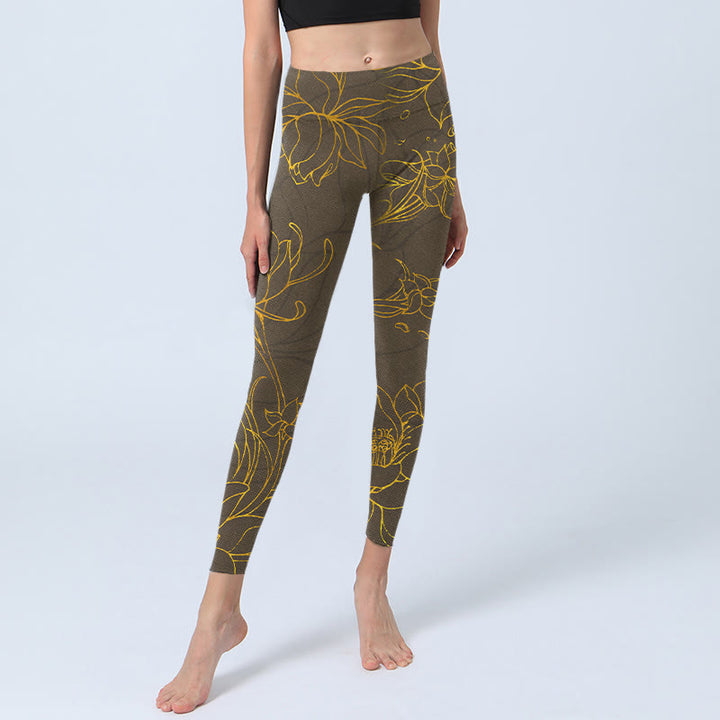 Buddha Stones Gelblich-braune Lotusblüte Lotusblatt-Druck Gym Leggings Damen Yogahose