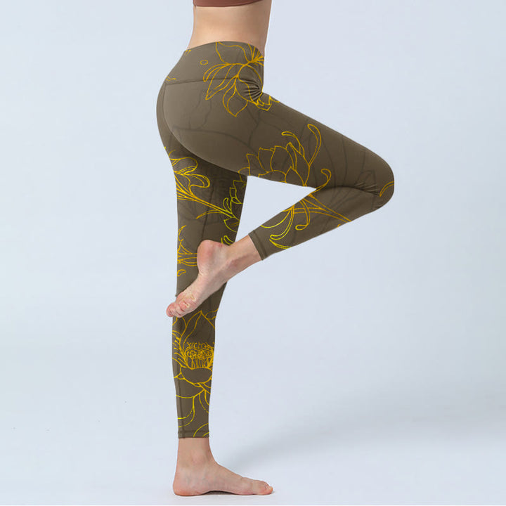 Buddha Stones Gelblich-braune Lotusblüte Lotusblatt-Druck Gym Leggings Damen Yogahose