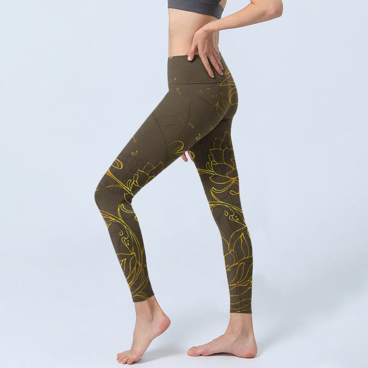 Buddha Stones Gelblich-braune Lotusblüte Lotusblatt-Druck Gym Leggings Damen Yogahose