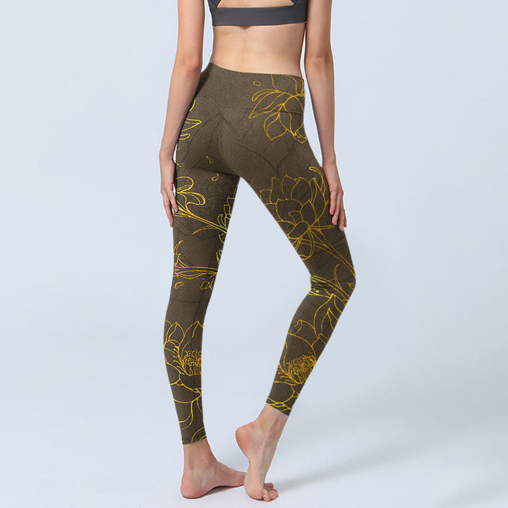 Buddha Stones Gelblich-braune Lotusblüte Lotusblatt-Druck Gym Leggings Damen Yogahose - image 5