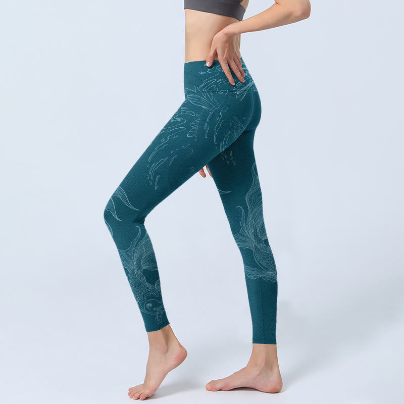 Buddha Stones Blau Koi Fisch Fließende Wellen Print Gym Leggings Damen Yoga Hose - image 2