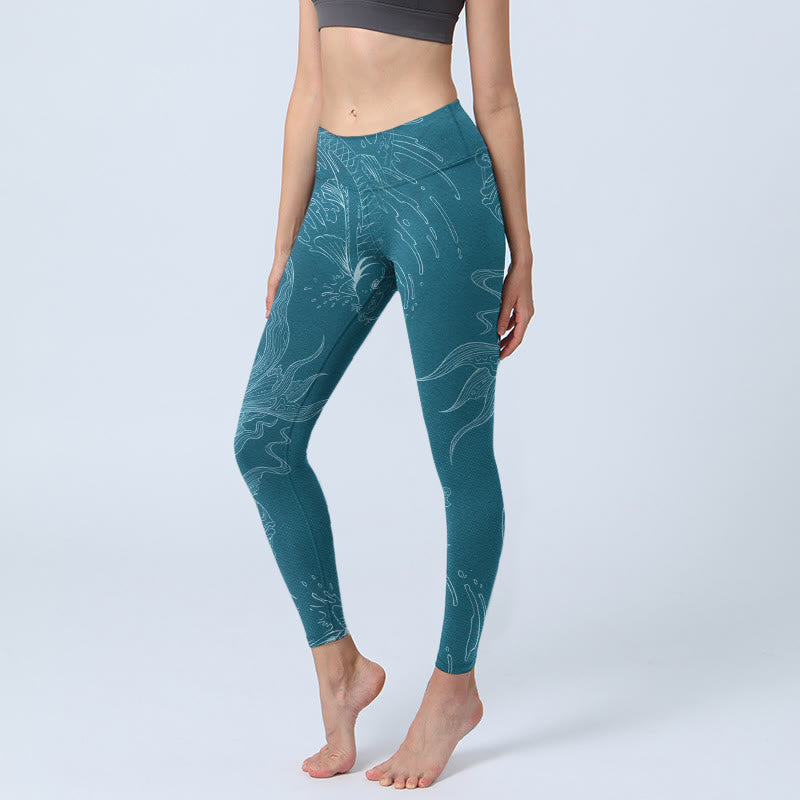 Buddha Stones Blau Koi Fisch Fließende Wellen Print Gym Leggings Damen Yoga Hose - CadetBlue - US18， UK/AU22，EU50 (4XL) - image 1