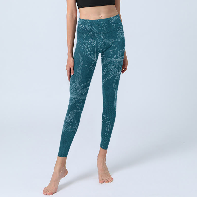 Buddha Stones Blau Koi Fisch Fließende Wellen Print Gym Leggings Damen Yoga Hose - image 5