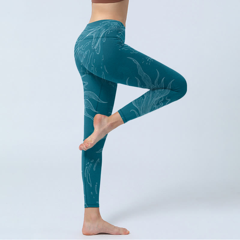 Buddha Stones Blau Koi Fisch Fließende Wellen Print Gym Leggings Damen Yoga Hose