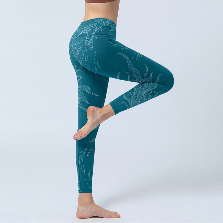 Buddha Stones Blau Koi Fisch Fließende Wellen Print Gym Leggings Damen Yoga Hose