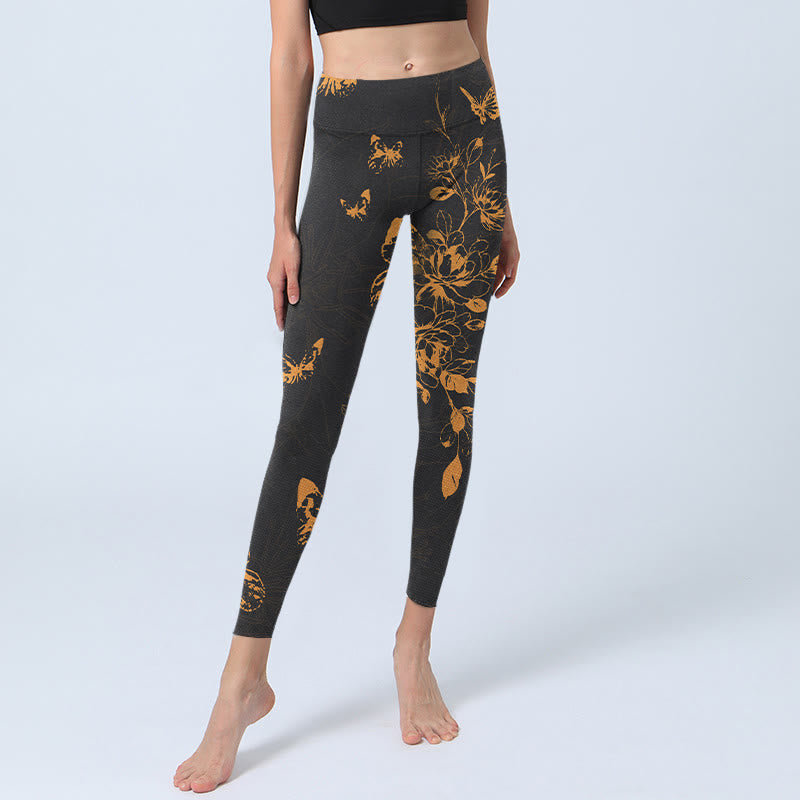 Buddha Stones Dunkelgraue Schmetterlinge Pfingstrosen Blumen Druck Gym Leggings Damen Yoga Hose