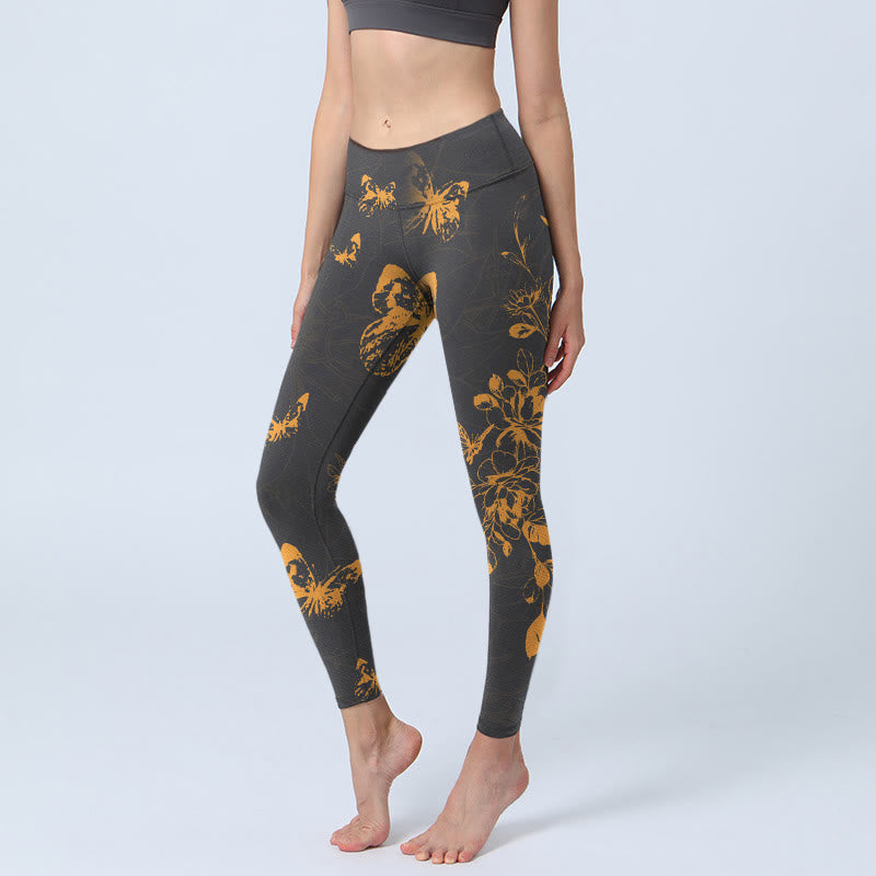 Buddha Stones Dunkelgraue Schmetterlinge Pfingstrosen Blumen Druck Gym Leggings Damen Yoga Hose