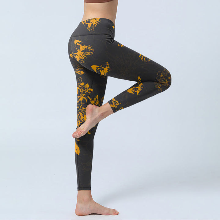 Buddha Stones Dunkelgraue Schmetterlinge Pfingstrosen Blumen Druck Gym Leggings Damen Yoga Hose