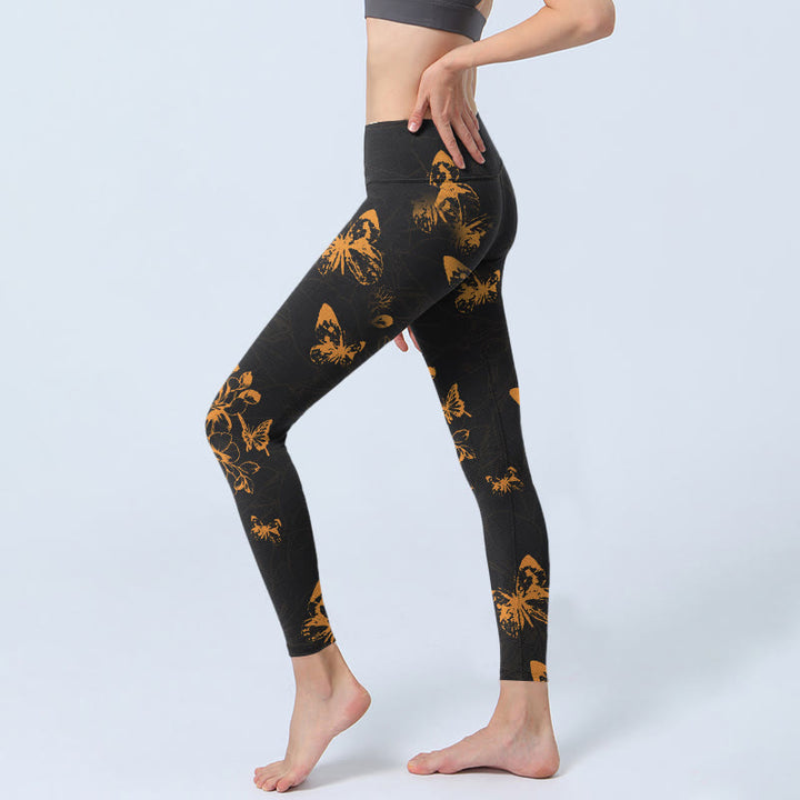 Buddha Stones Dunkelgraue Schmetterlinge Pfingstrosen Blumen Druck Gym Leggings Damen Yoga Hose