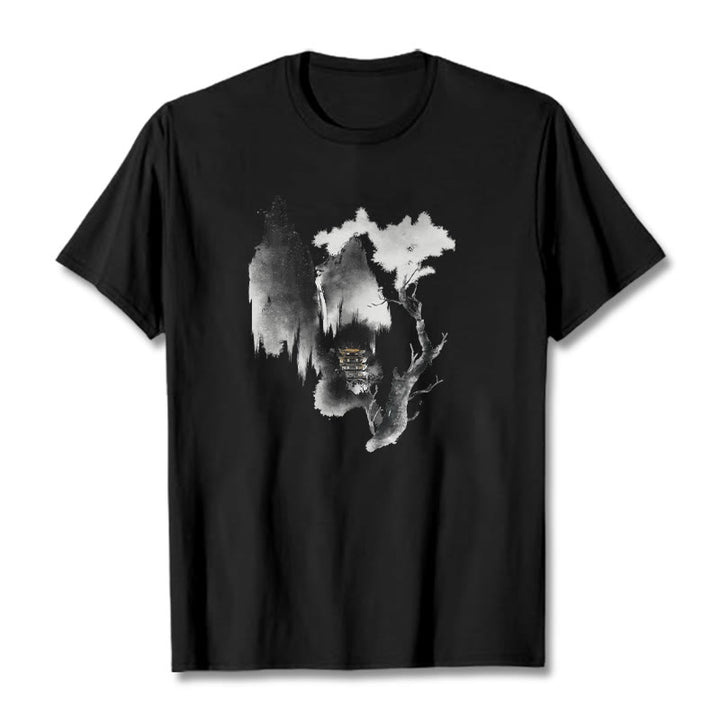 Buddha Stones ​​Pavillon Baum Gänse Um Die Berge Muster T T-shirt - Schwarz - 2XL - image 5