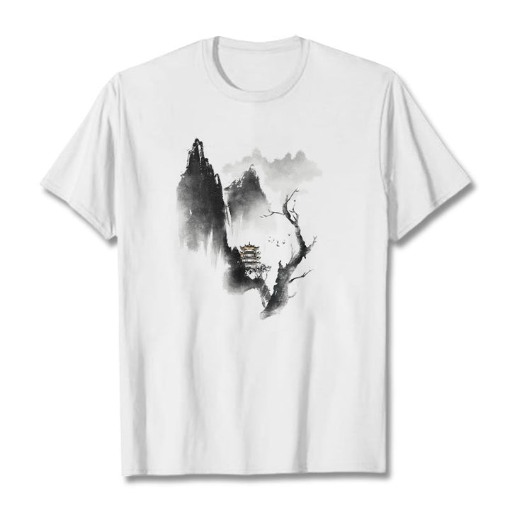 Buddha Stones ​​Pavillon Baum Gänse Um Die Berge Muster T T-shirt - Weiß - 2XL - image 3