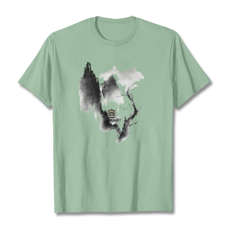 Buddha Stones ​​Pavillon Baum Gänse Um Die Berge Muster T T-shirt - Hellgrün - 2XL - image 15