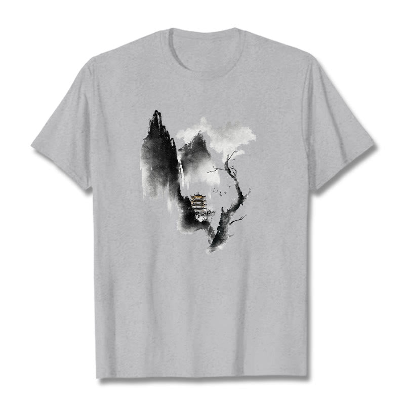 Buddha Stones ​​Pavillon Baum Gänse Um Die Berge Muster T T-shirt - Hellgrau - 2XL - image 1
