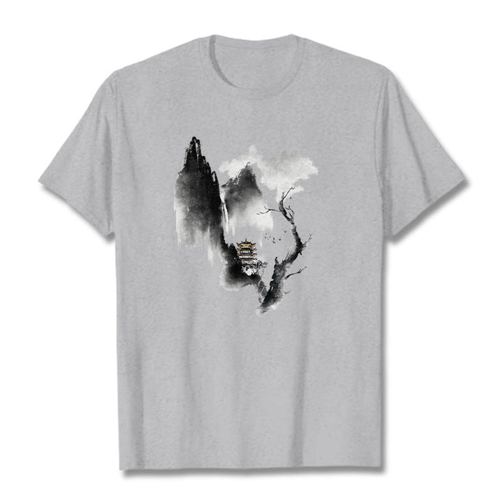 Buddha Stones ​​Pavillon Baum Gänse Um Die Berge Muster T T-shirt - Hellgrau - 2XL - image 1
