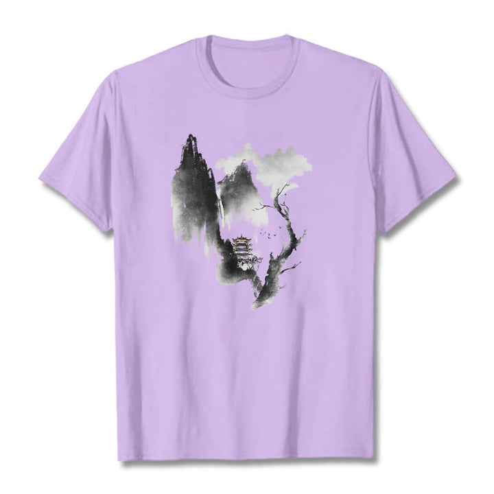 Buddha Stones ​​Pavillon Baum Gänse Um Die Berge Muster T T-shirt - Pflaume - 2XL - image 17