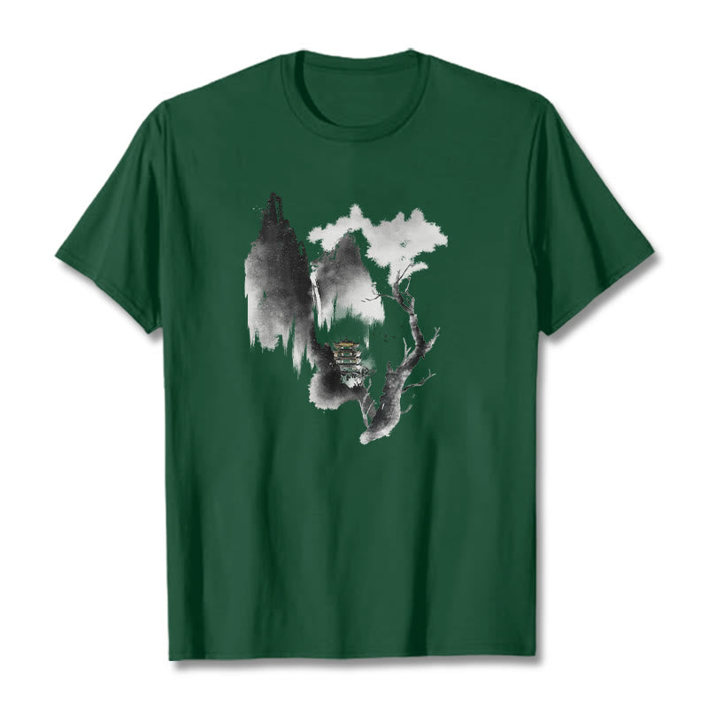 Buddha Stones ​​Pavillon Baum Gänse Um Die Berge Muster T T-shirt - WaldGrün - 2XL - image 12