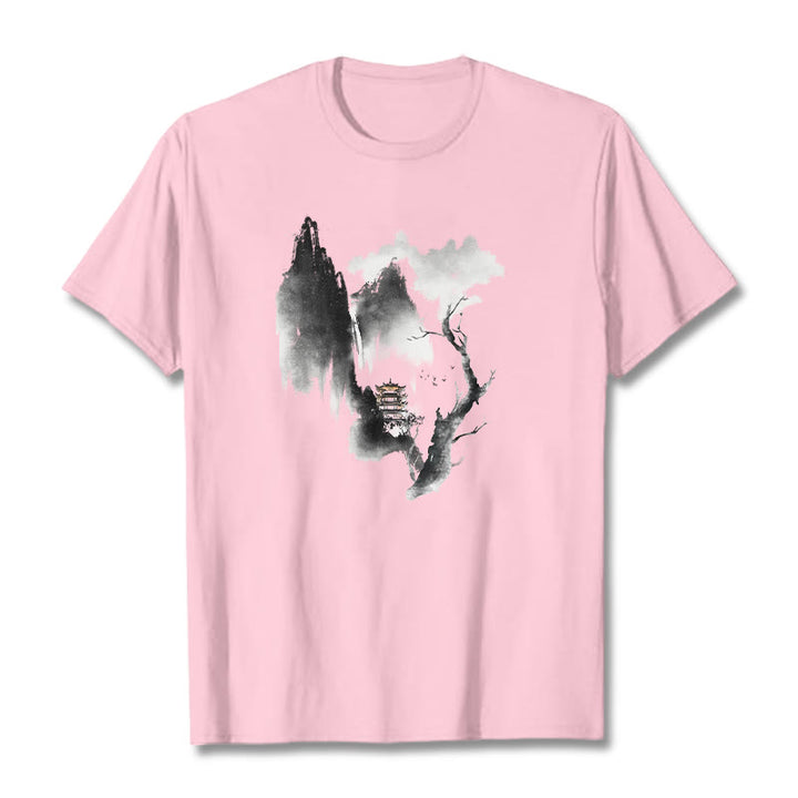 Buddha Stones ​​Pavillon Baum Gänse Um Die Berge Muster T T-shirt - Hellrosa - 2XL - image 14