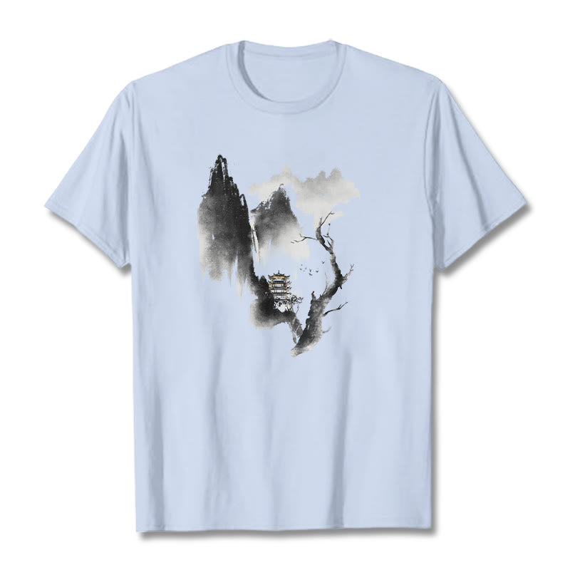 Buddha Stones ​​Pavillon Baum Gänse Um Die Berge Muster T T-shirt - Hellcyan - 2XL - image 19