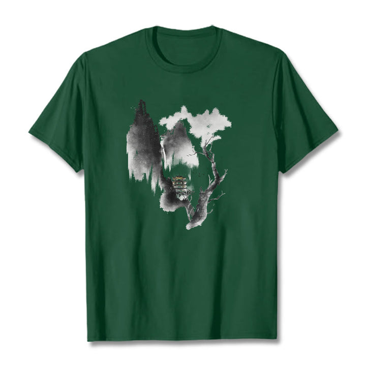 Buddha Stones ​​Pavillon Baum Gänse Um Die Berge Muster T T-shirt - Waldgrün - 2XL - image 11