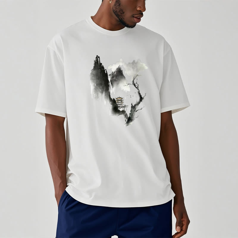 Buddha Stones ​​Pavillon Baum Gänse Um Die Berge Muster T T-shirt - image 3
