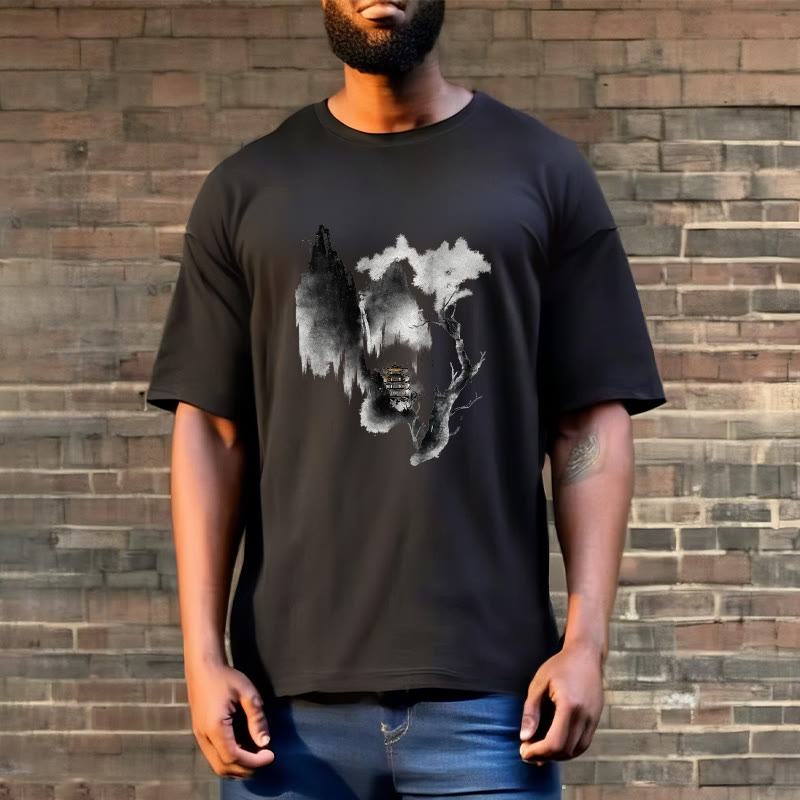 Buddha Stones ​​Pavillon Baum Gänse Um Die Berge Muster T T-shirt - image 6