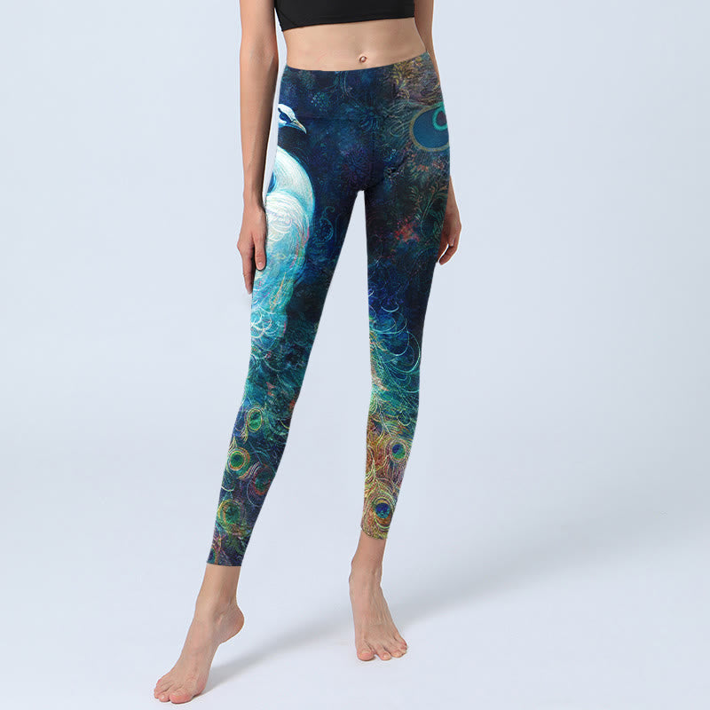 Buddha Stones Blauer Pfau Bunte Federn Print Gym Leggings Damen Yogahose