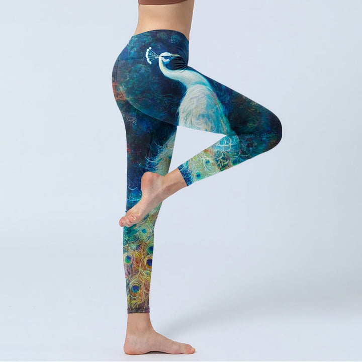 Buddha Stones Blauer Pfau Bunte Federn Print Gym Leggings Damen Yogahose