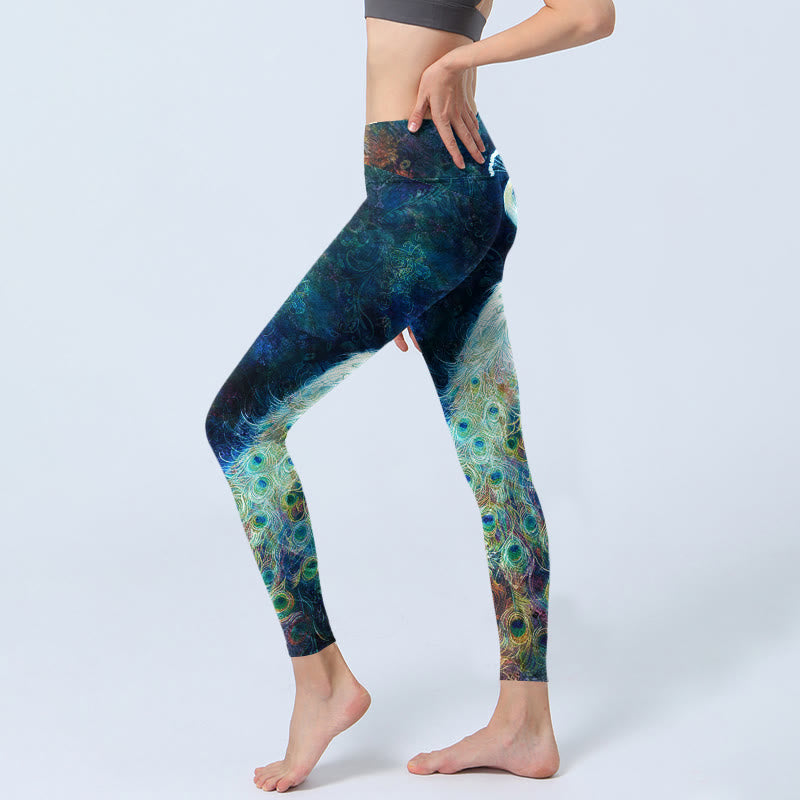Buddha Stones Blauer Pfau Bunte Federn Print Gym Leggings Damen Yogahose - image 2