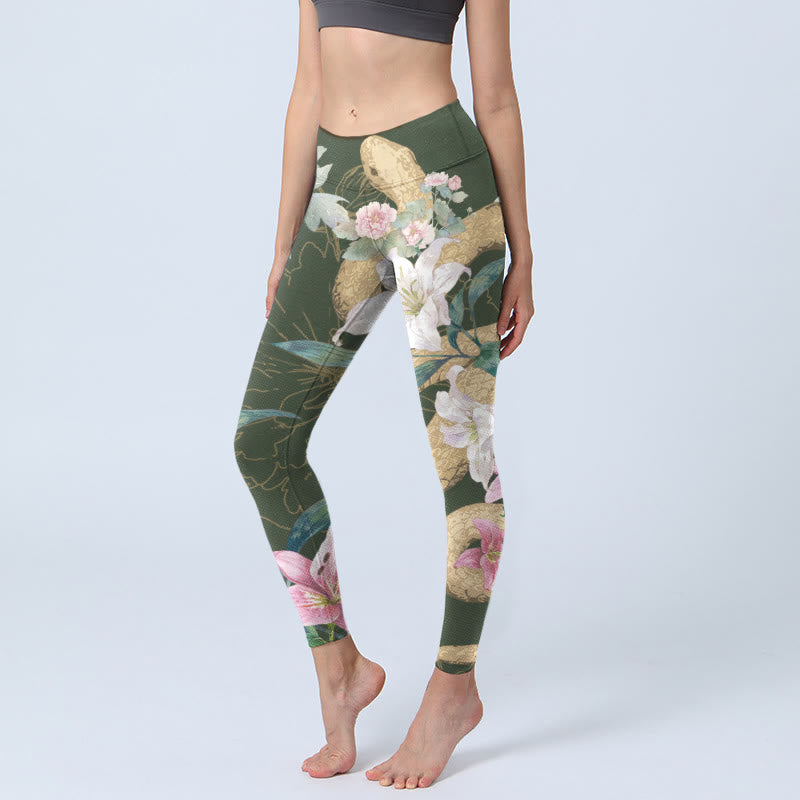 Buddha Stones Grün Golden Schlange Lilie Pfingstrose Blumen Druck Gym Leggings frauen Yoga Hosen - DunkelOlivGrün - US18， UK/AU22，EU50 (4XL) - image 1