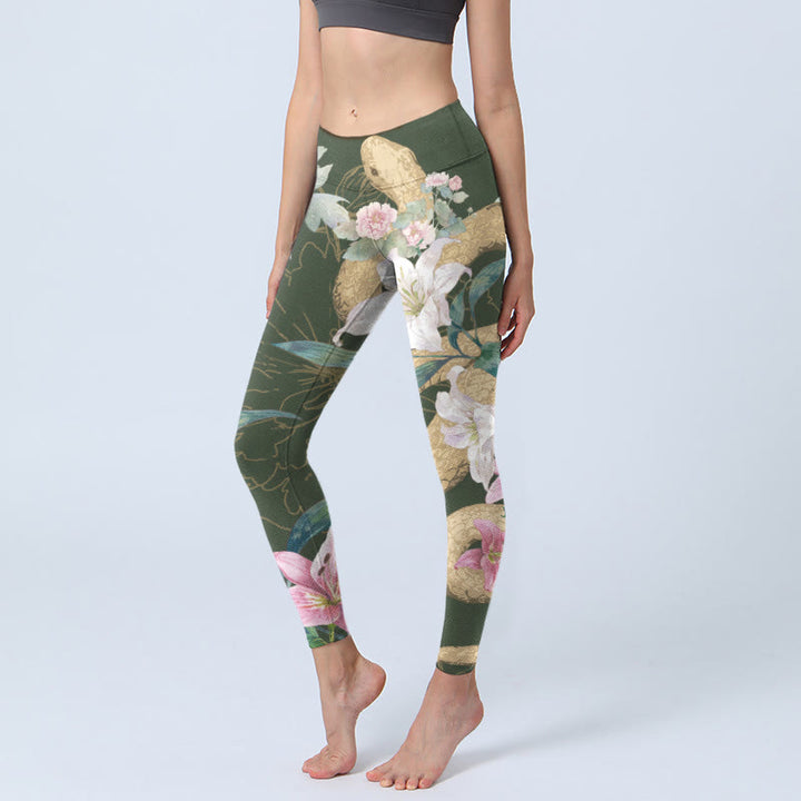 Buddha Stones Grün Golden Schlange Lilie Pfingstrose Blumen Druck Gym Leggings frauen Yoga Hosen - DunkelOlivGrün - US18， UK/AU22，EU50 (4XL) - image 1