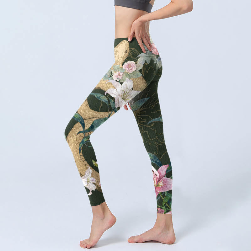 Buddha Stones Grün Golden Schlange Lilie Pfingstrose Blumen Druck Gym Leggings frauen Yoga Hosen