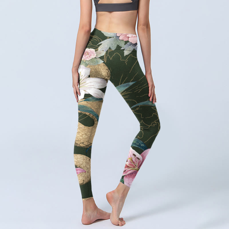 Buddha Stones Grün Golden Schlange Lilie Pfingstrose Blumen Druck Gym Leggings frauen Yoga Hosen - image 4