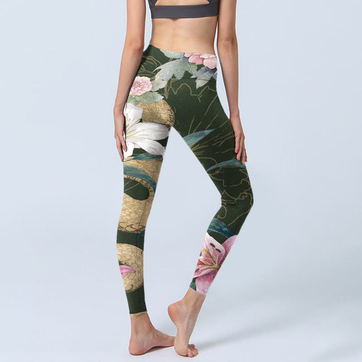 Buddha Stones Grün Golden Schlange Lilie Pfingstrose Blumen Druck Gym Leggings frauen Yoga Hosen - image 4