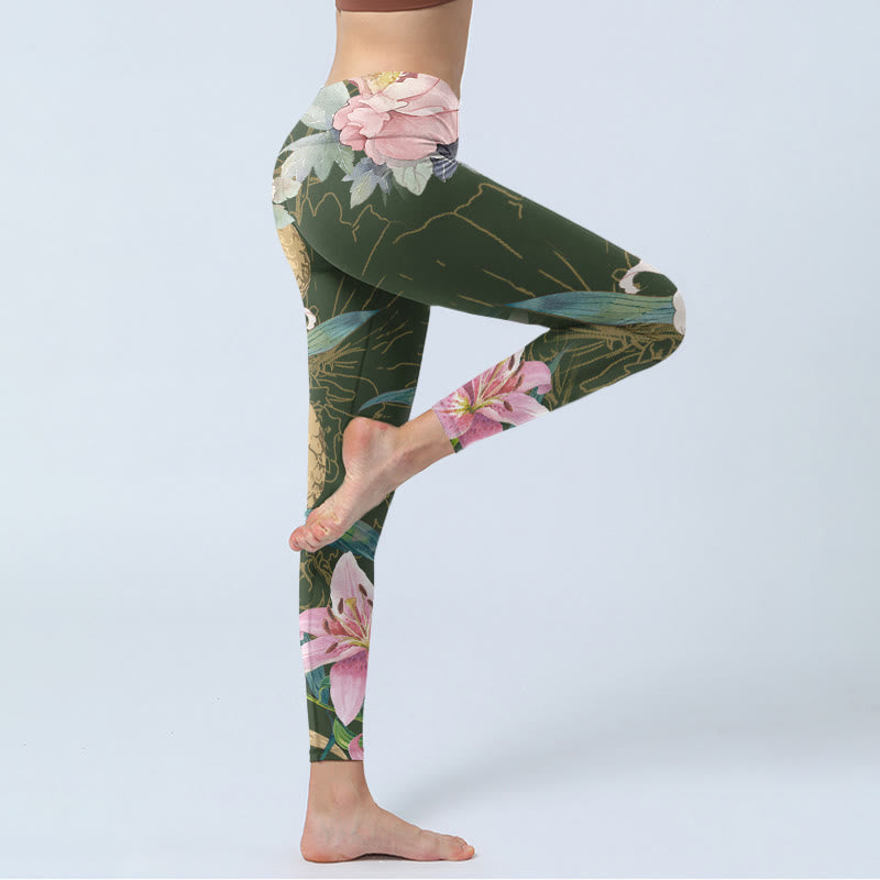 Buddha Stones Grün Golden Schlange Lilie Pfingstrose Blumen Druck Gym Leggings frauen Yoga Hosen