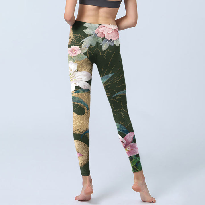 Buddha Stones Grün Golden Schlange Lilie Pfingstrose Blumen Druck Gym Leggings frauen Yoga Hosen