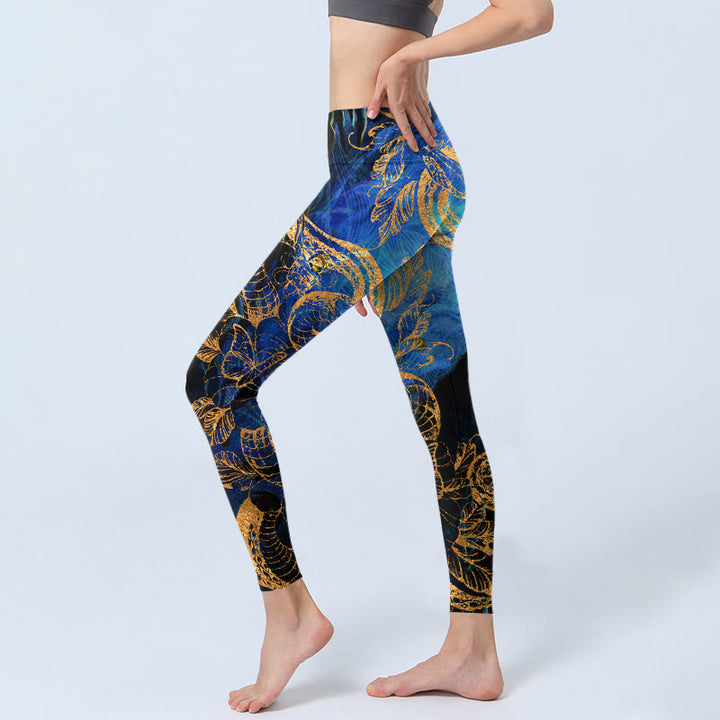 Buddha Stones Schwarze Schlange Schmetterling Blume Blätter Print Gym Leggings Damen Yogahose