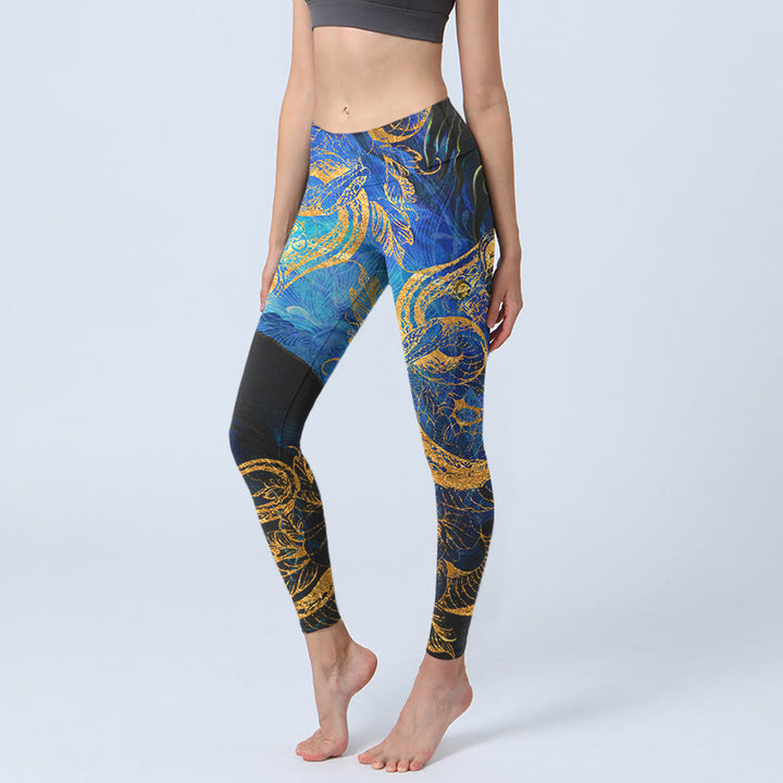 Buddha Stones Schwarze Schlange Schmetterling Blume Blätter Print Gym Leggings Damen Yogahose