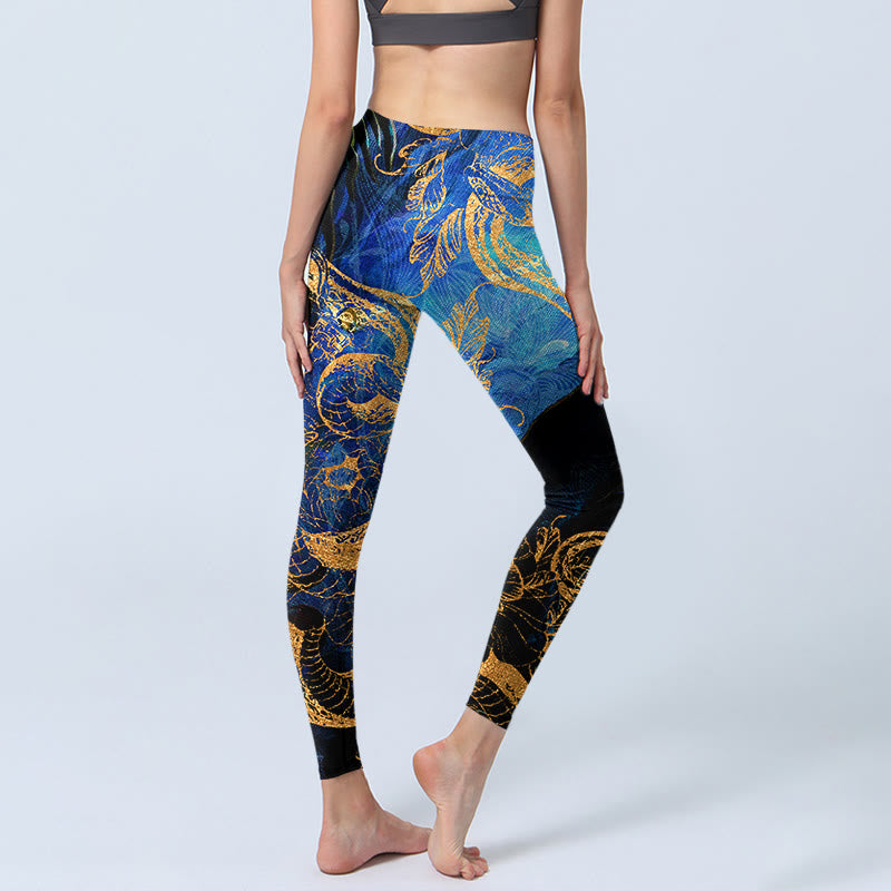 Buddha Stones Schwarze Schlange Schmetterling Blume Blätter Print Gym Leggings Damen Yogahose