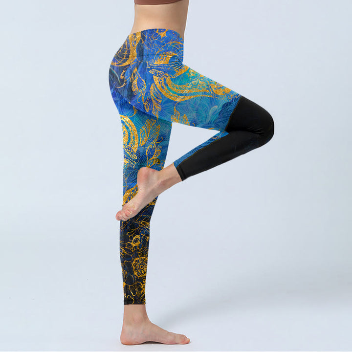 Buddha Stones Schwarze Schlange Schmetterling Blume Blätter Print Gym Leggings Damen Yogahose