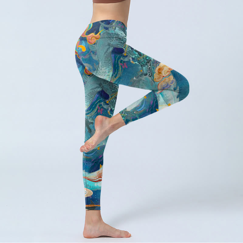 Buddha Stones, blauer Drache, glückverheißende Wolken, Druck, Leggings für Damen, Yogahose - image 3