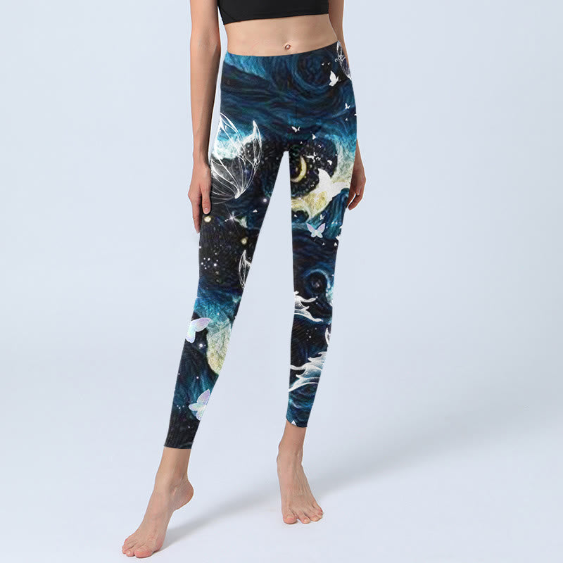 Buddha Stones, blauer Schmetterling, Wasserwellen, Mond-Print, Gym-Leggings, Damen-Yogahose