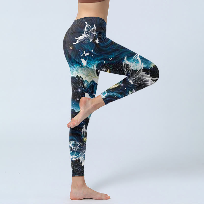 Buddha Stones, blauer Schmetterling, Wasserwellen, Mond-Print, Gym-Leggings, Damen-Yogahose - image 3