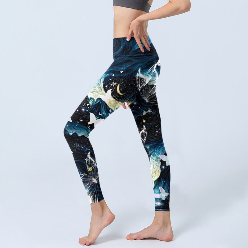 Buddha Stones, blauer Schmetterling, Wasserwellen, Mond-Print, Gym-Leggings, Damen-Yogahose