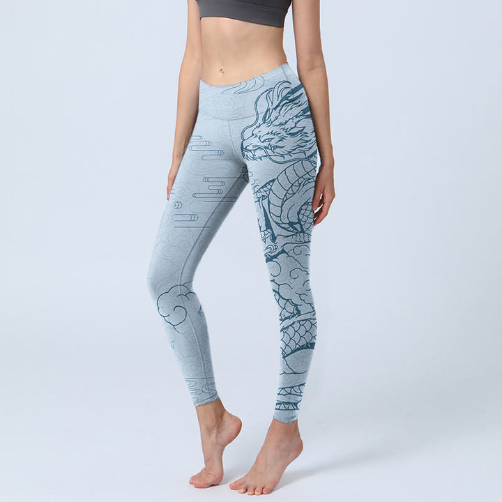 Buddha Stones, blau, schwebender Drache, wirbelnde Wolken, Druck, Gym-Leggings, Damen-Yogahose