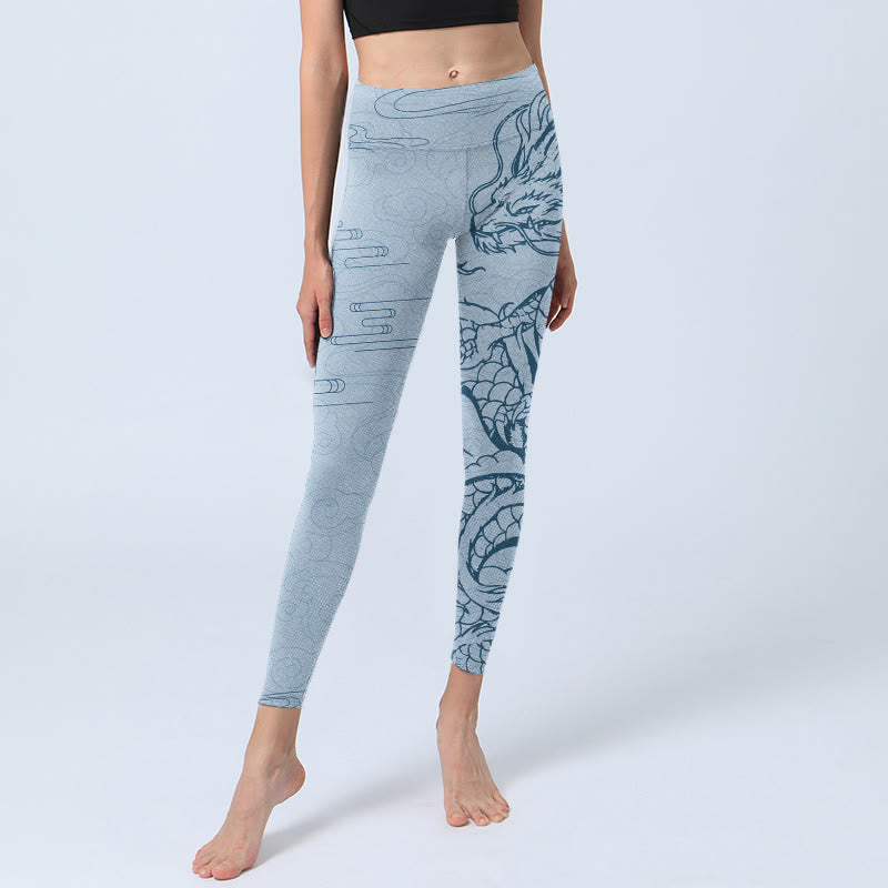 Buddha Stones, blau, schwebender Drache, wirbelnde Wolken, Druck, Gym-Leggings, Damen-Yogahose - image 6